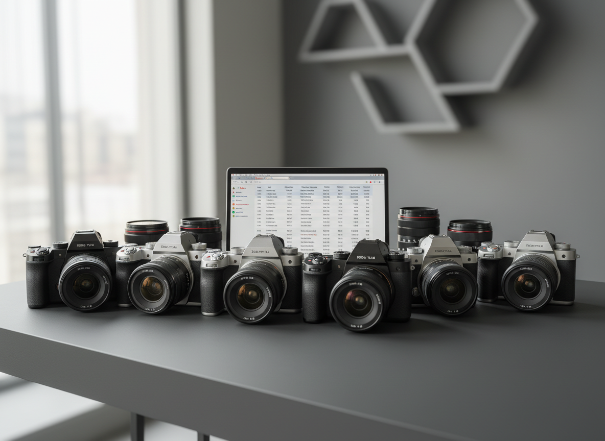 A meticulously arranged lineup of modern full-frame mirrorless cameras and prime lenses on a matte dark grey workstation, each body displaying its top LCDs and mode dials in crisp detail. The lenses, with clearly visible focal length engravings and aperture markings, form a gentle arc around an open laptop showing a clean database interface of camera specifications. Soft, diffused daylight from a large side window creates subtle reflections on the metal and glass surfaces while keeping shadows gentle and controlled. Shot at eye level with a slightly wide angle and shallow depth of field, the frontmost camera is in sharp focus while the background falls into a tasteful bokeh. The mood is analytical yet inspiring, with photographic realism and a clean, professional, modern aesthetic.