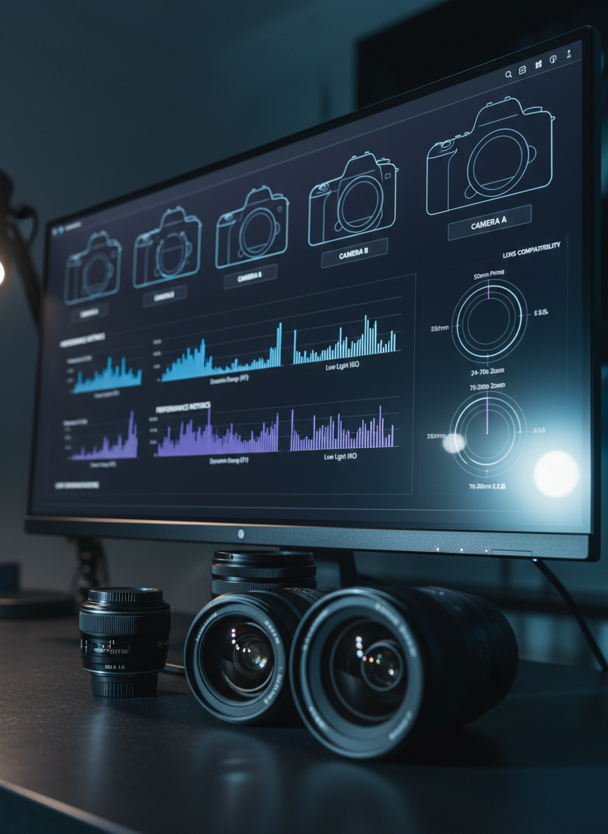 An abstract yet realistic representation of a camera comparison dashboard on a wide, ultrawide monitor, showing multiple full-frame camera silhouettes, dynamic bar charts, and focal length diagrams in a sleek, dark UI. In front of the screen lies a small selection of real lenses—50mm, 24-70mm, 70-200mm—arranged diagonally so their glass elements catch soft, cool white desk lighting. Subtle reflections on the glossy monitor and the lens coatings add depth. Captured from a low, cinematic angle, the scene emphasizes the interface and the hardware equally, with a sharp foreground and a gently blurred background. The mood is analytical, modern, and efficient, rendered in photographic realism with a high-tech, professional aesthetic that visually conveys market overviews and data-driven camera choices.