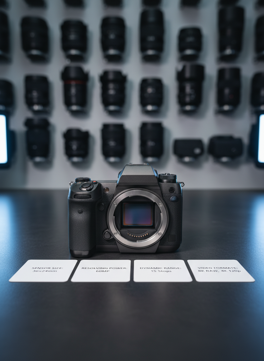 A single high-end full-frame camera body without lens, placed centrally on a smooth charcoal surface, surrounded by neatly aligned specification cards showing sensor size, megapixels, dynamic range, and video formats in minimalist typography. Behind it, a softly blurred grid wall of interchangeable lenses and accessories suggests a vast database of options. Cool-toned studio lighting from two sides defines every edge and texture of the magnesium alloy body and rubber grip, casting controlled, crisp shadows. The composition uses the rule of thirds with generous negative space, photographed from a slightly elevated angle. The atmosphere is precise and data-driven yet elegant, emphasizing photographic realism, clean lines, and a highly professional visual identity suited for a technical camera information hub.